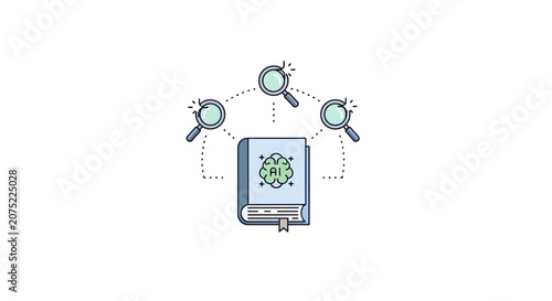 Graphic illustration of a book with magnifying glasses.