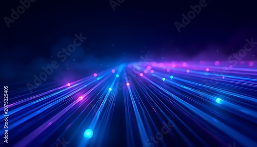 Abstract blue and purple light beams converging in a dark space creating a tunnel effect