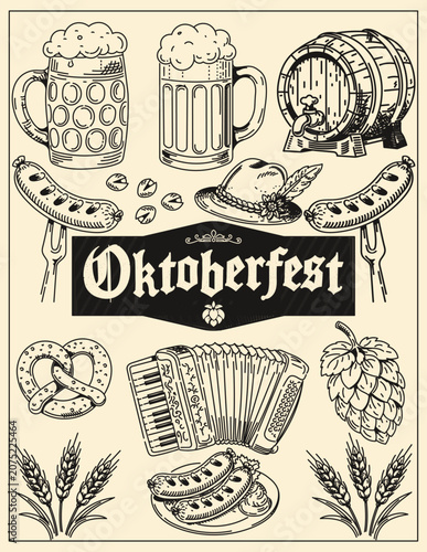Oktoberfest Doodles Pack Retro Hand Drawn German Beer Festival and Bavarian Culture Icon Elements