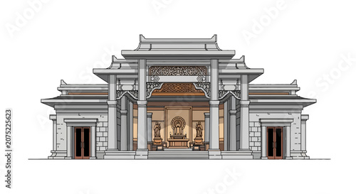 Traditional asian temple architecture with stone pillars