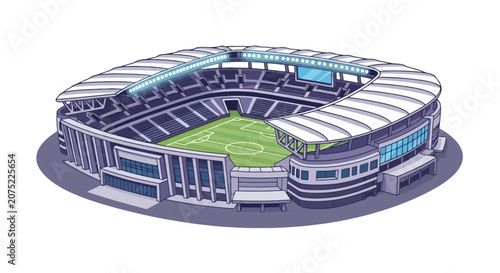 Modern sports stadium with green soccer field