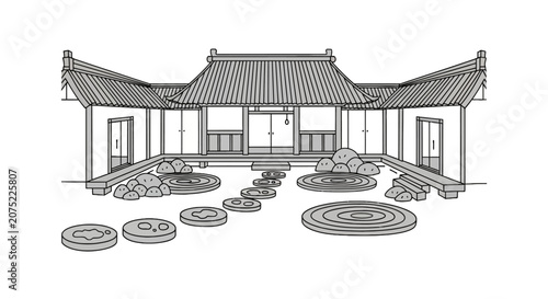 Traditional japanese house architecture with zen rock garden