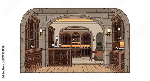 Elegant rustic wine cellar with stone arches and wooden racks