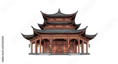 Traditional oriental pagoda temple architecture with multi tiered roof