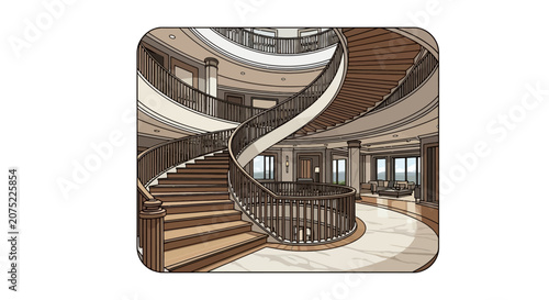Luxury spiral staircase in a grand lobby interior