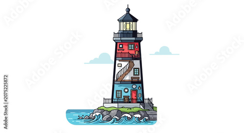 Cutaway illustration of a lighthouse on a rocky coast
