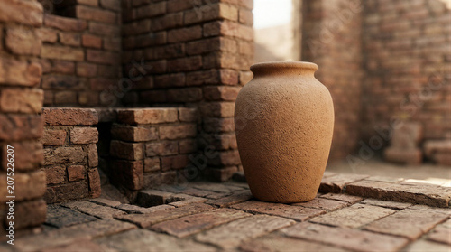 Ancient clay pot standing on old brick floor in historic ruins