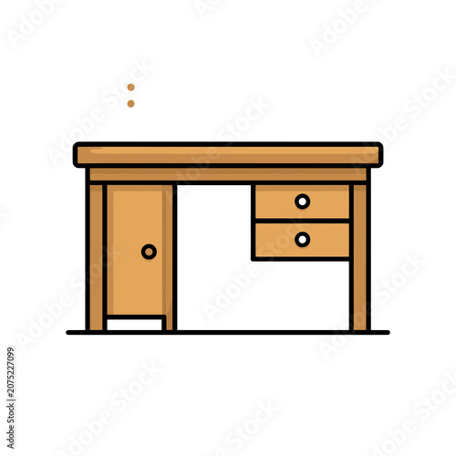 Flat vector illustration of a wooden desk with cabinet and drawers