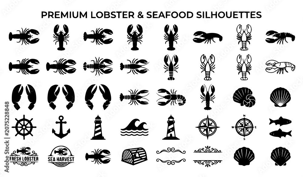 Fototapeta premium Lobster SVG bundle vector seafood silhouette collection