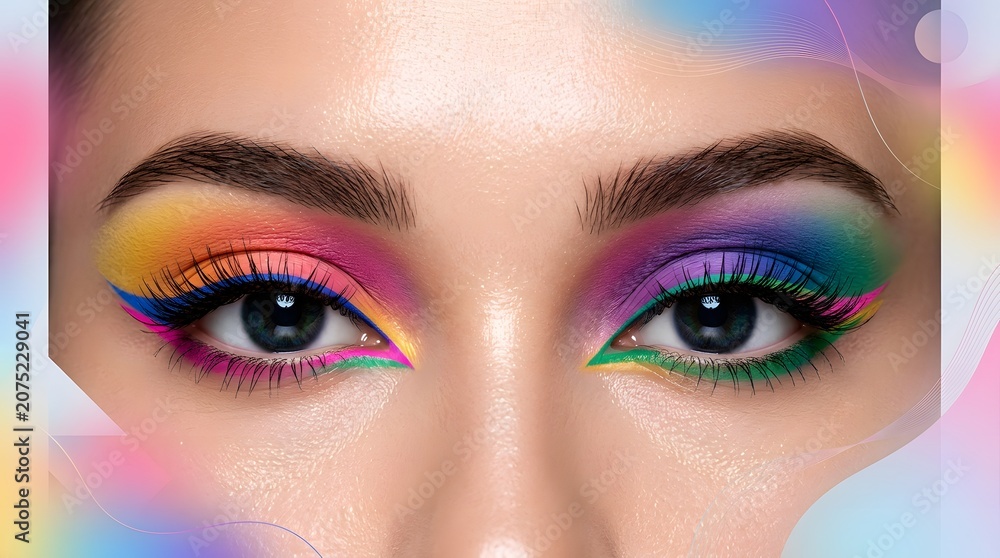 Naklejka premium Detailed macro portrait of eyes featuring artistic multi-colored rainbow