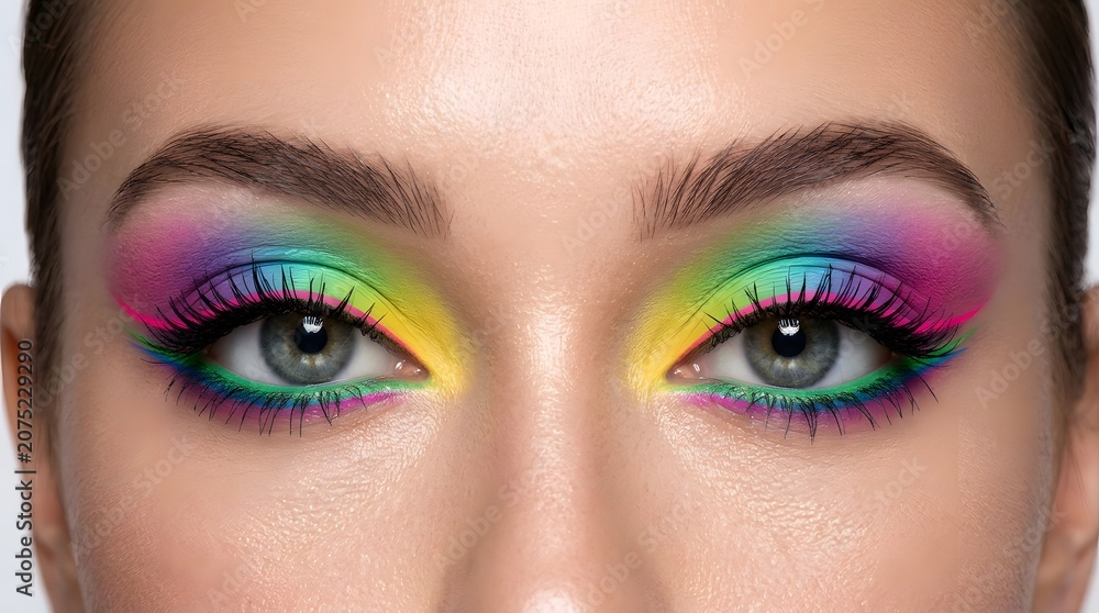 Naklejka premium Rainbow eyeshadow makeup look on woman close up with eyeshadow, colorful