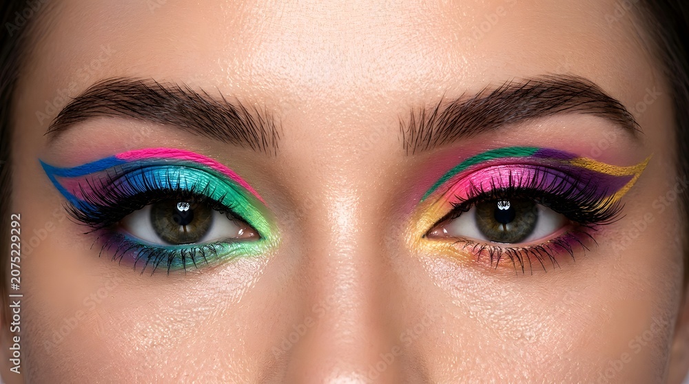 Naklejka premium Creative rainbow graphic eyeliner art on woman eyes with eyeliner, cosmetic