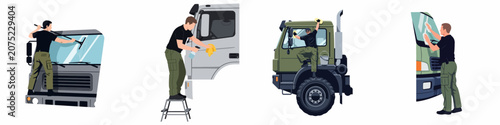 A series of illustrations depicting a male professional cleaning different trucks, performing windshield washing and exterior detailing tasks on a plain white background.