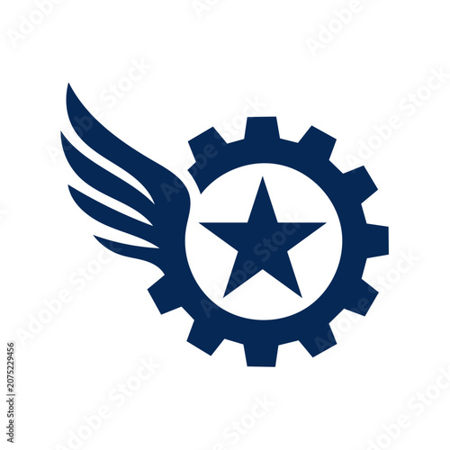 Blue gear icon with a star and a wing