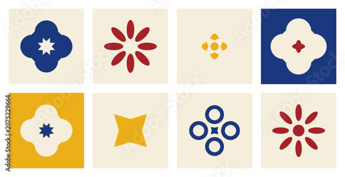 Set of eight geometric abstract shapes and floral patterns