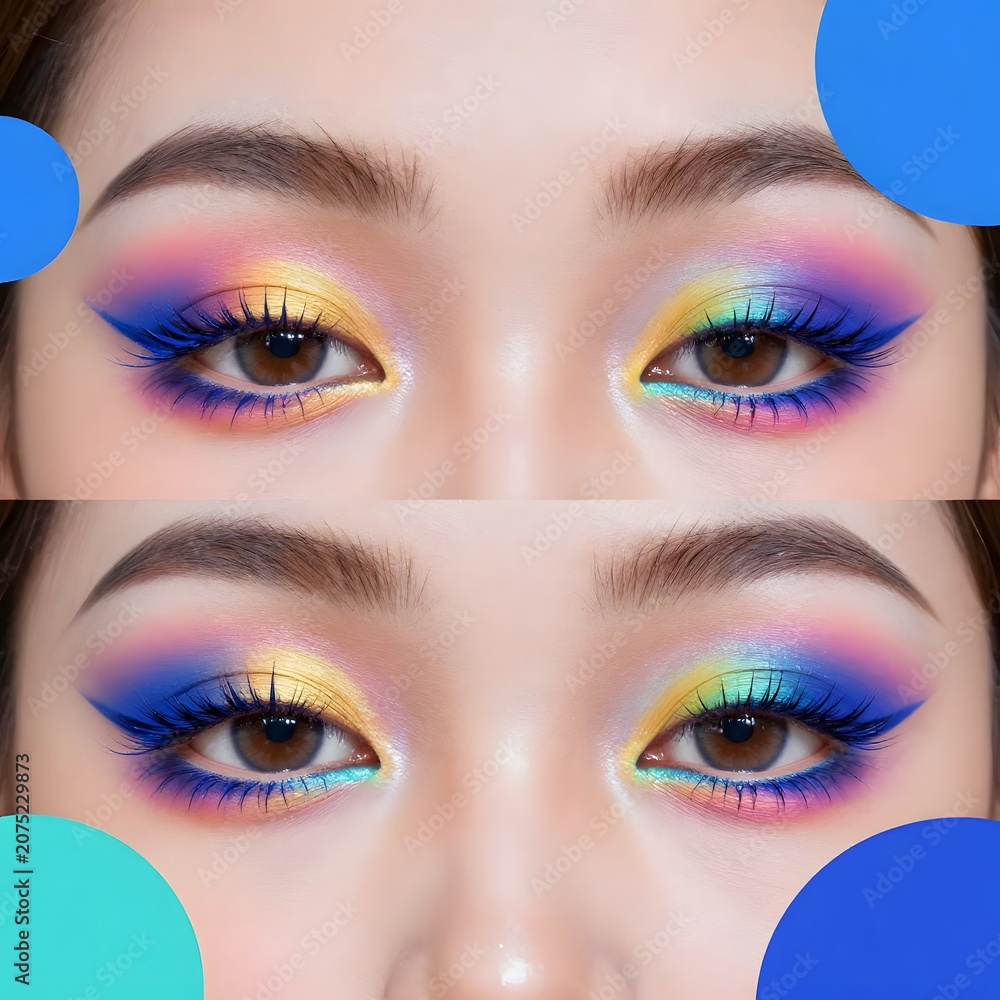 Naklejka premium Dual rainbow eyeshadow aesthetic close-up with eyeshadow eyeliner cosmetics