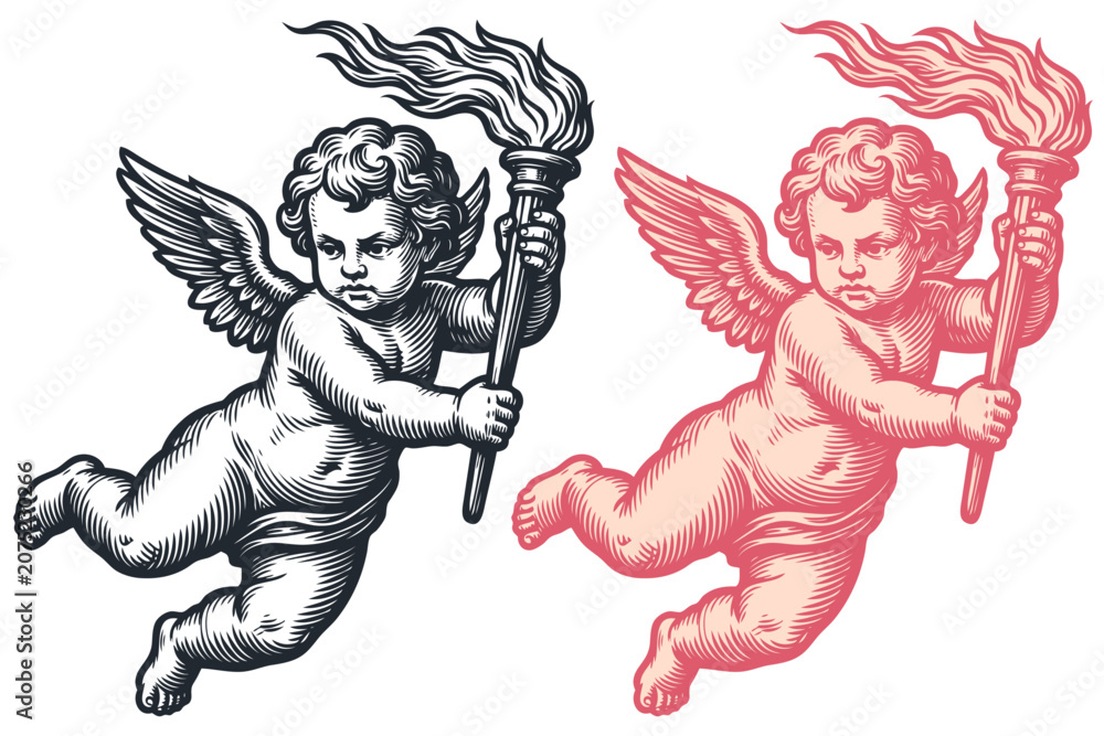 Obraz premium Vector engraving illustration of two flying cupids holding flaming torches. Vintage cherub with fire graphic art in monochrome and pink on white background.