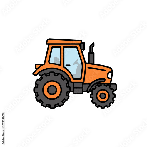 Orange tractor side view flat vector illustration