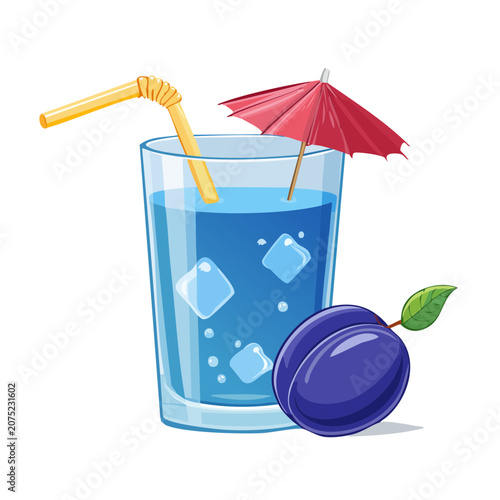 Blue drink with plum and cocktail umbrella in glass
