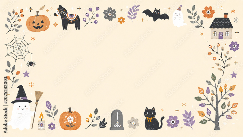Fototapeta premium 北欧風デザインのハロウィンのフレーム飾りイラスト