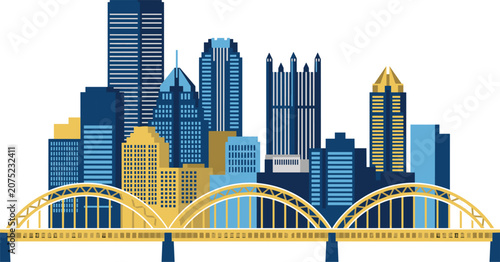 Fotografía Modern Pittsburgh skyline vector illustration with iconic bridges urban architec