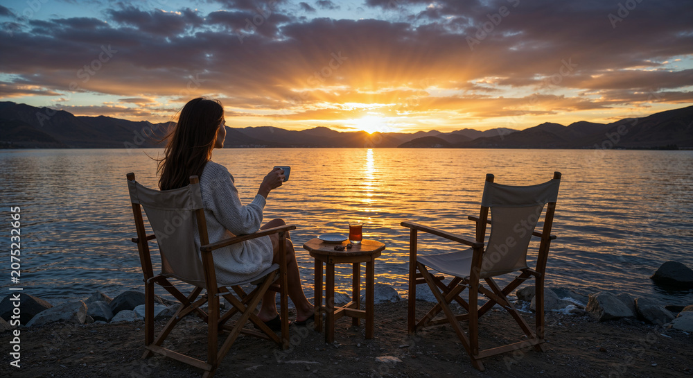 Fototapeta premium A woman sits in a folding camp chair holding a cup beside a calm mountain lake, watching a dramatic golden sunset reflect across the water in peaceful solitude.