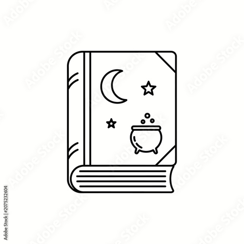 Magic Spell Book Icon with Moon, Stars, and Potion Cauldron, Mystical Theme