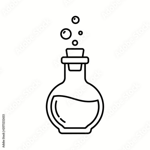 Illustration of a glass potion bottle with cork and bubbling liquid, vector