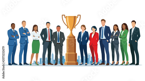 Photos Business team with golden trophy vector illustration on white background