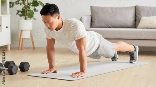 Man doing push-ups at home for fitness and strength in a modern living room