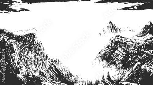 mountain landscape illustration, black and white