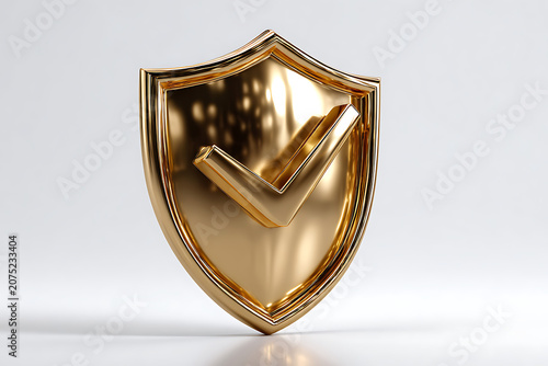Golden shield icon with checkmark, security symbol, protection sign, safety logo, metallic emblem