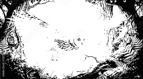 owl in the forest, black and white illustration