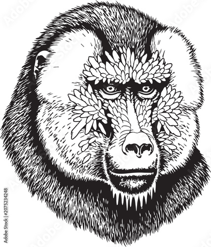 Vászonkép Stylized baboon head with floral headdress in monochrome linocut style symbolizi