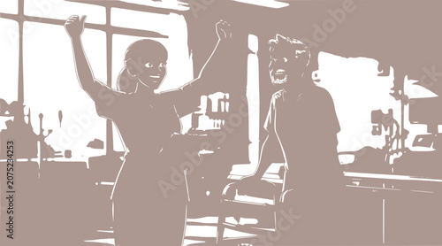woman celebrating success with colleague in office