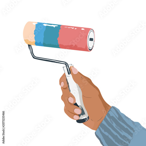 Hand holding colorful paint roller, flat vector illustration