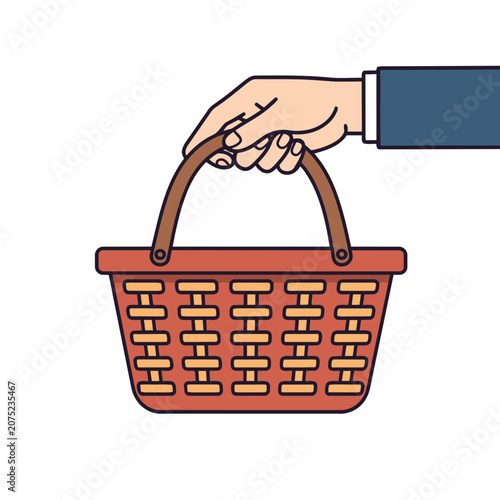 Hand holding woven basket with brown handle