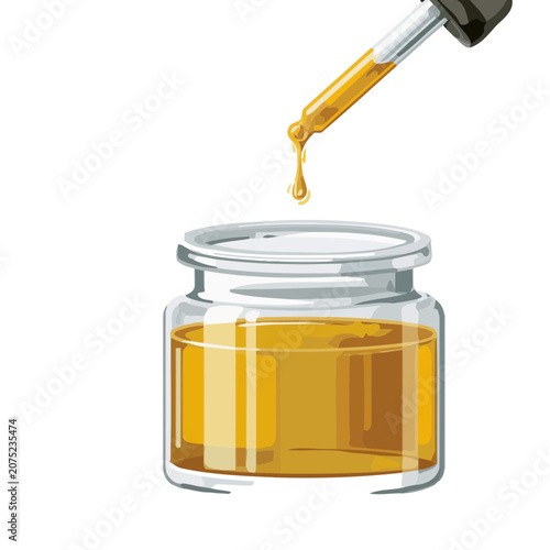 Honey in glass jar with dropper, flat vector illustration
