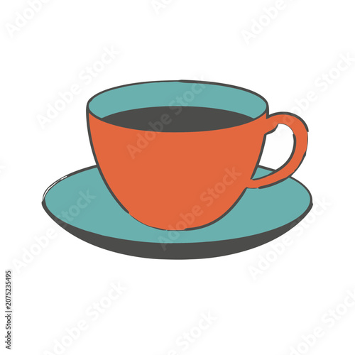 Orange cup and turquoise saucer flat vector illustration