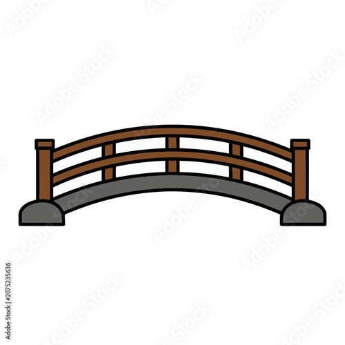 Arched Wooden Bridge with Stone Pillars Vector Illustration