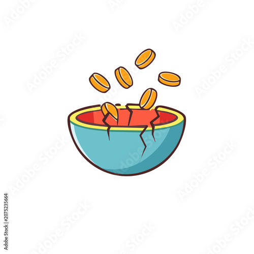 Broken piggy bank with coins spilling out vector illustration