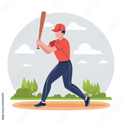 Baseball player swinging bat in flat vector style
