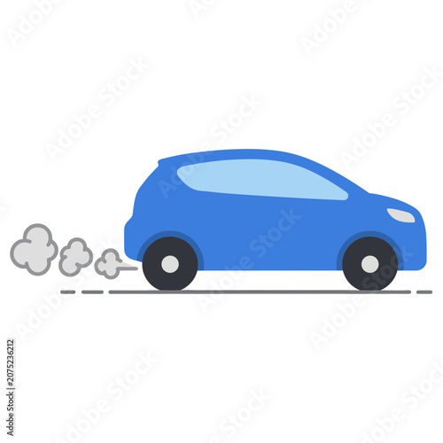 Blue car with exhaust fumes side view vector illustration