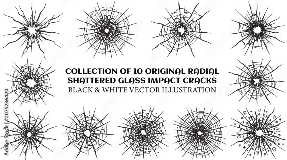 Obraz premium Collection of radial shattered glass cracks vector