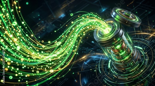 Abstract Green Energy Flowing Through Futuristic Technology