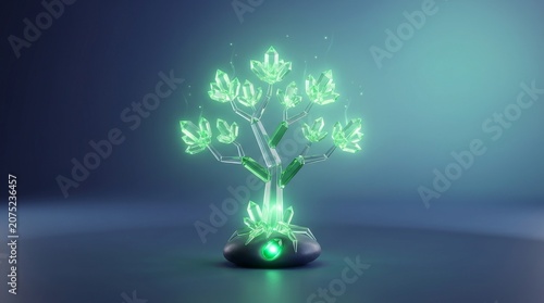 Glowing Green Energy Tree with Crystal Leaves and Futuristic Base
