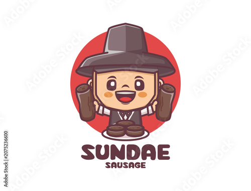 Cute Boy Cartoon Character in Korean Traditional Hanbok and  sundae sausage