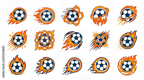 Foto Collection of Dynamic Soccer Balls with Fiery Motion Effects.