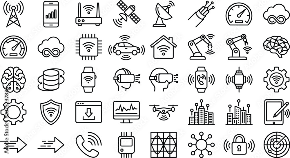 Naklejka premium Smart Technology and Wireless Connectivity Icon Collection with IoT Network Communication Automation Devices Artificial Intelligence and Digital System Symbols