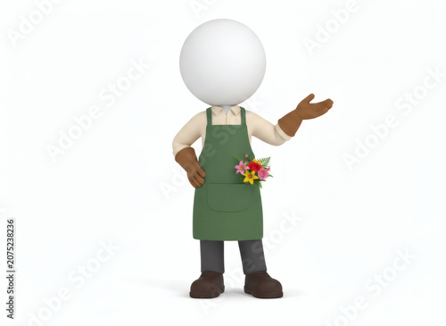 3D character gardener with apron and gloves presenting.